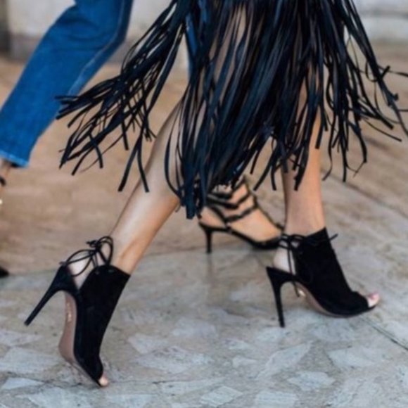 Aquazzura Mid-Heel Suede Sandals Heels in Black - Picture 10 of 15